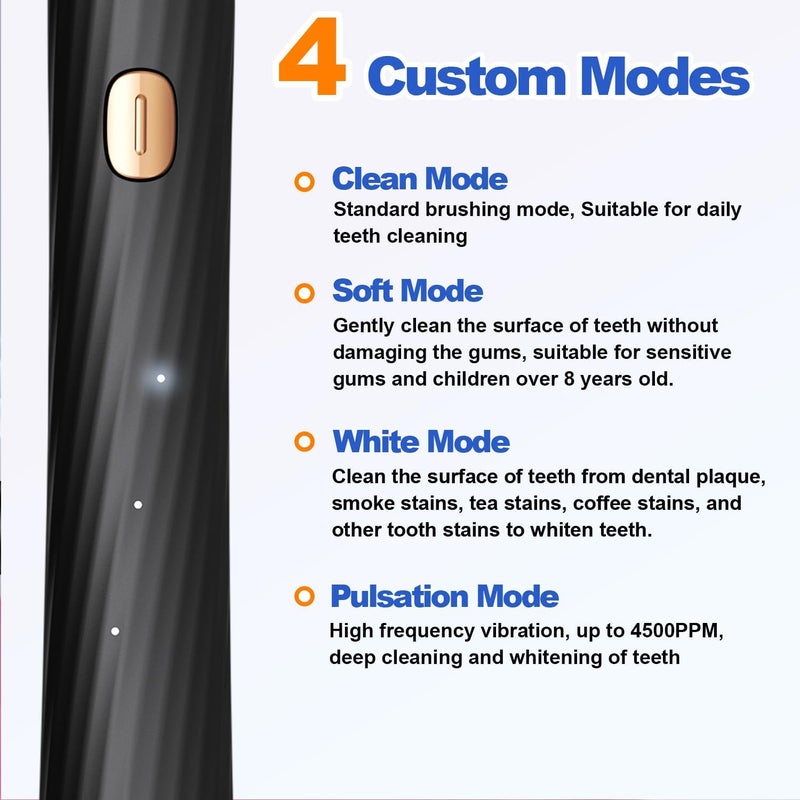 FXQQZZ Electric Toothbrush for Adults and Kids, with Tongue Scraper and Travel Case, 8 Brush Head, Smart Timer & 4 Modes Rechargeable Toothbrush, 42000 VPM Deep Clean, One Charge Last 90 Days - Black - Image 3